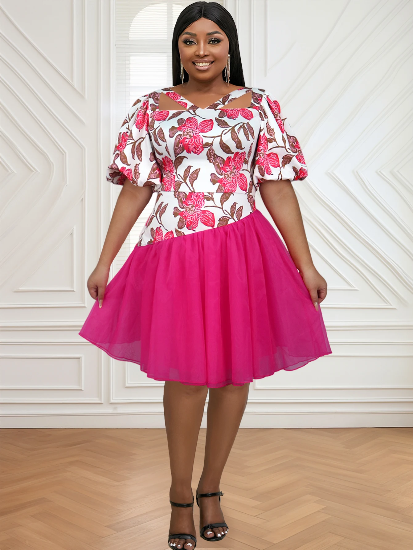 

Women Elegant Printed Floral A Line Dress V Neck Cut Out Short Puff Sleeves Patchwork Gowns Casual Tulle Outfits Plus Size New