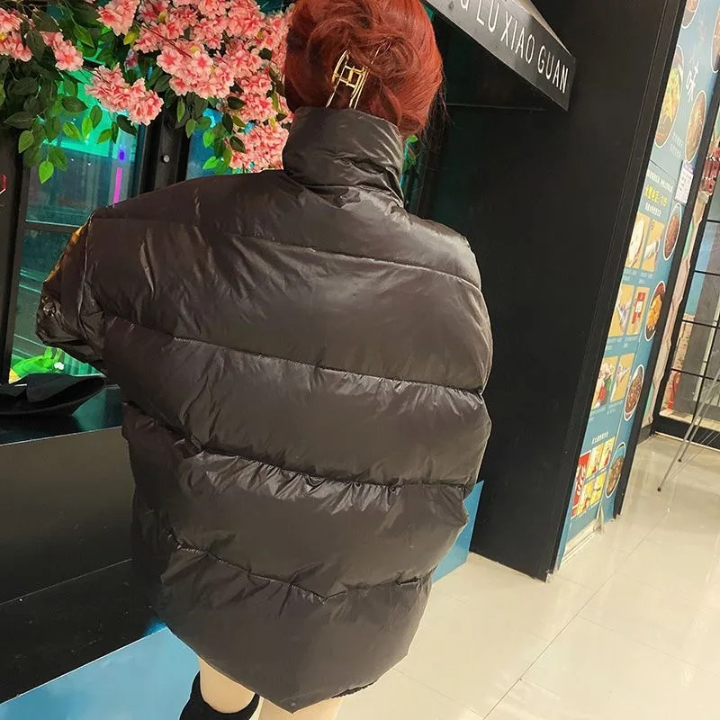 2023 New Women Down Jacket Winter Coat Female Short Stand Collar Parka Warm Thicken Pure Color Outwear Loose Big Pocket Overcoat