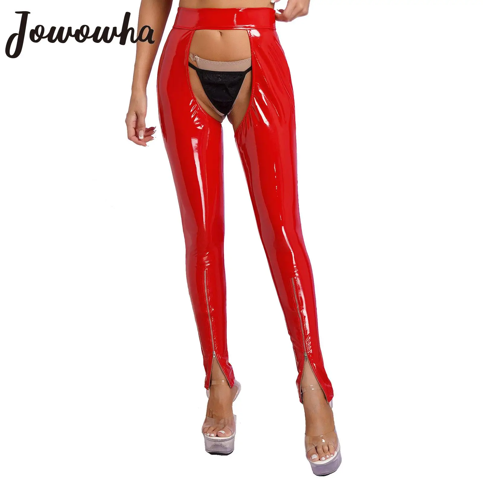 

Womens Wet Look Patent Leather Leggings Open Crotch Open Butt Pants Erotic Lingerie Cutout Trouser Pole Dance Clubwear Nightwear