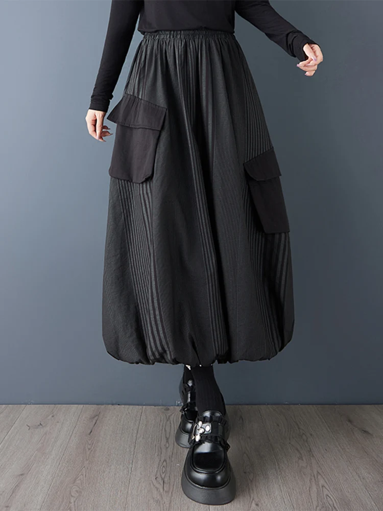 2025 Spring Autumn New Black Vintage Stripe High Waist Skirt Women Plus Size Fashion Pocket Loose Casual Midi Skirts Clothing