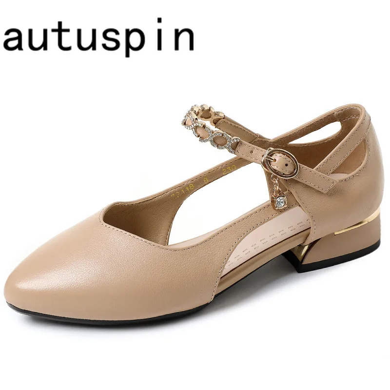 

Autuspin 2.5cm Summer Ladies Pumps Fashion Hollow Crystal Ankle Strap Women Thick Heels Genuine Leather Point Toe Shoes Woman
