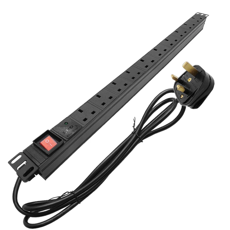 

13A UK Plug 10AC Socket Network Rack PDU Power Strip Surge Protection ON/OFF 2Meters Cable