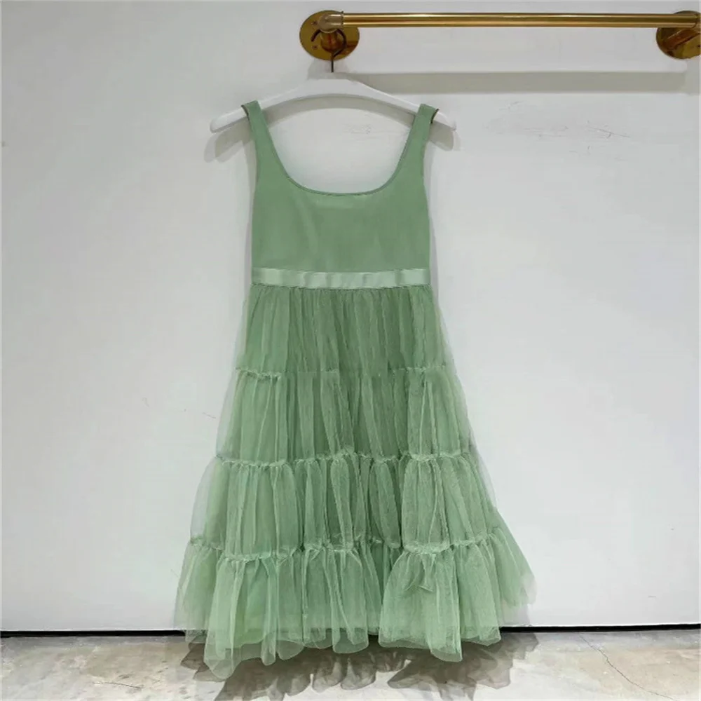 

Summer New Sleeveless Long Dress Sexy A-line Dress Mesh Green Strap Dress