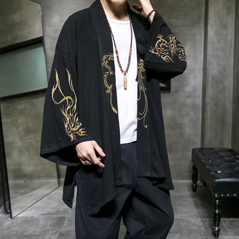 Tai chi Fashion Costume Embroidery Hanfu Men Chinese Style Linen Robe Cardigan Jacket Oversized Kimono 5XL Ancient Coat Male
