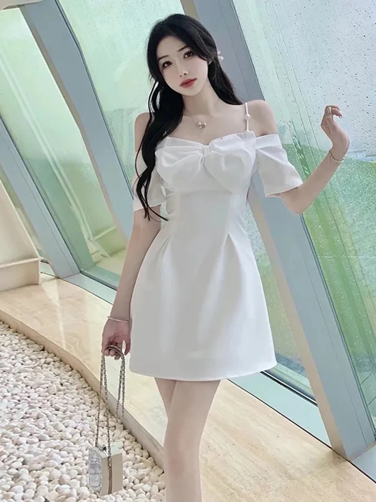 Mini Dress for Women, Sweet Bow, Spaghetti Strap, Pearl