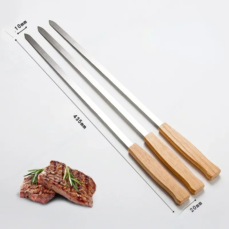 

Skewer Reusable Grill Skewers With 8pcs Handle Wooden Stick Steel Barbecue Stainless Steak Thickened Outdoor BBQ Tools
