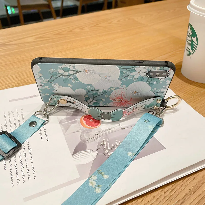 Floral Crossbody Lanyard Phone Case with Bow Design and Adjustable Neck & Wrist Strap