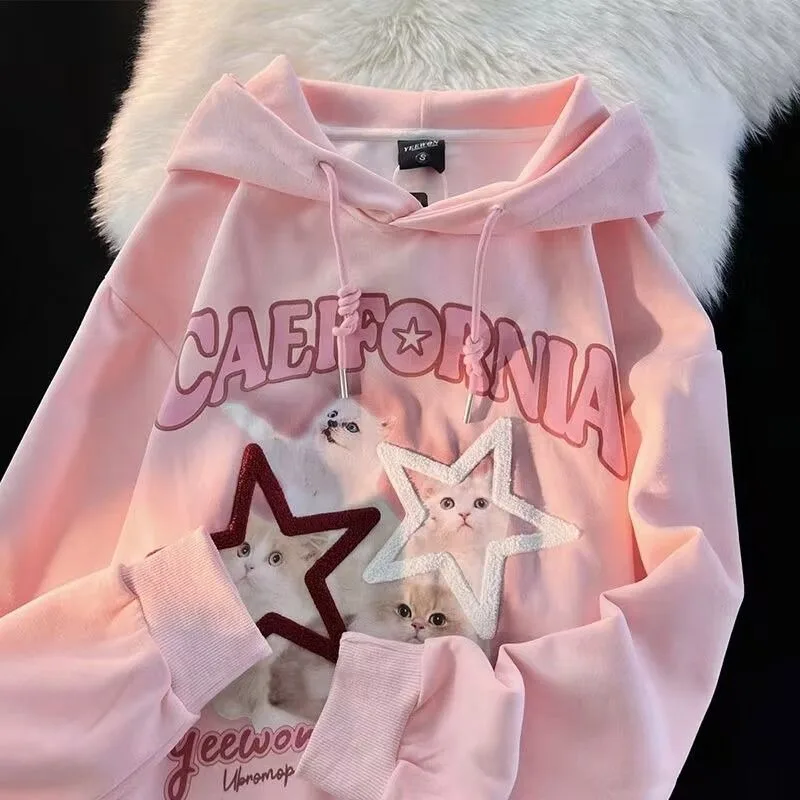 

American Funny Star Cats Y2K Graphic Hoodie Grunge Hip Hop Cartoon Printed Sweatshirt Loose Oversized Winter Tops Kawaii Clothes