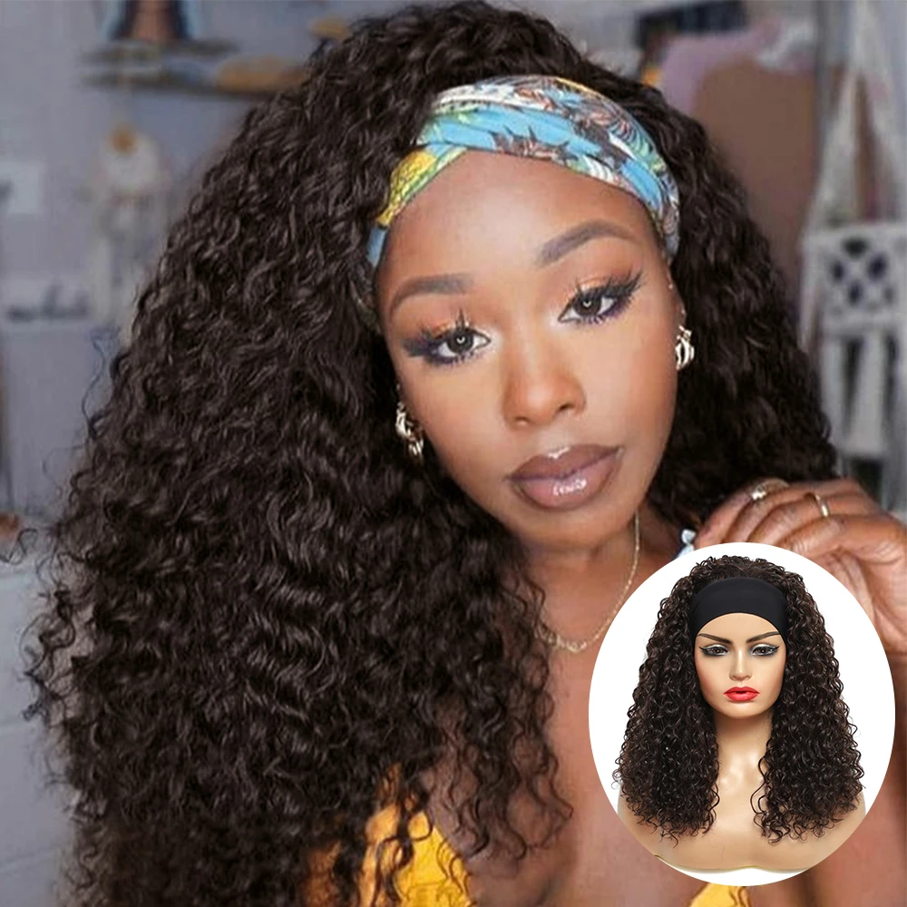 HeadbandWigDeepWaveSyntheticWig20InchKinkyCurlyWavyBrownRed