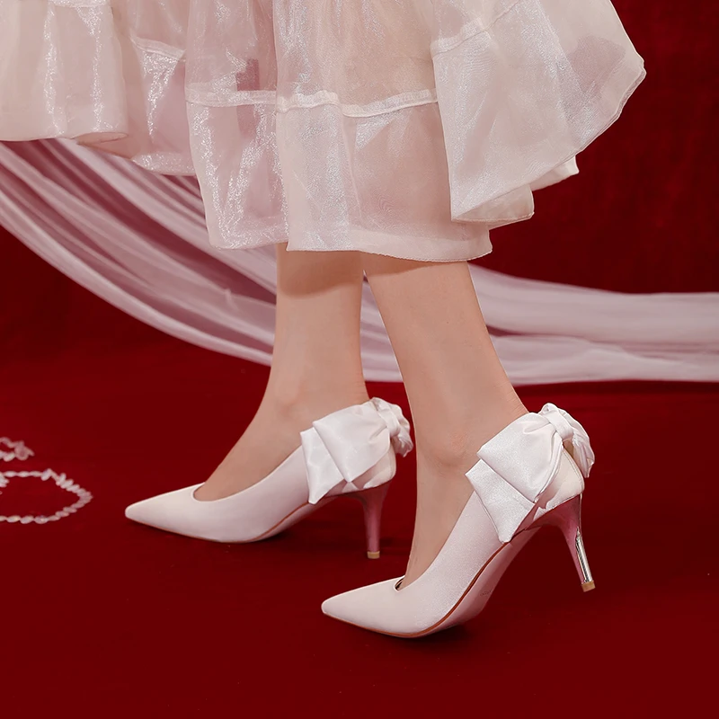 French Style Wedding Shoes Satin Cloth Bride Dress Pumps White Stiletto High Heel Female Bowknot Single Shoe pointed toe slip in