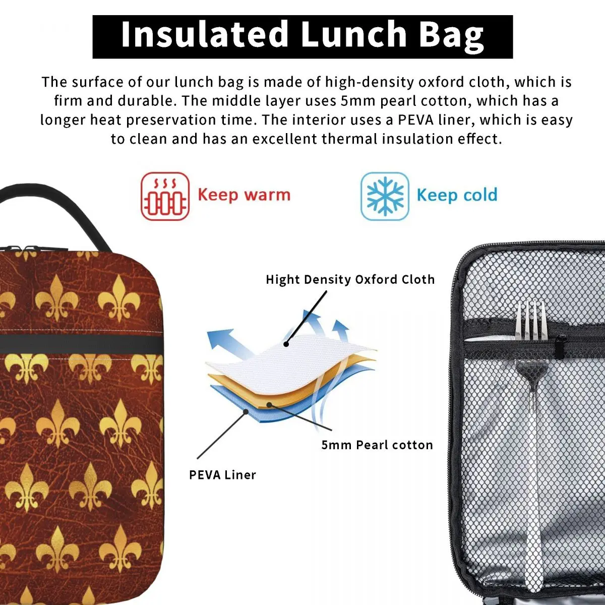 Custom Royal Gold Brown Leather Fleur De Lis Lily Flower Lunch Bag Women Thermal Cooler Insulated Lunch Box for Kids School