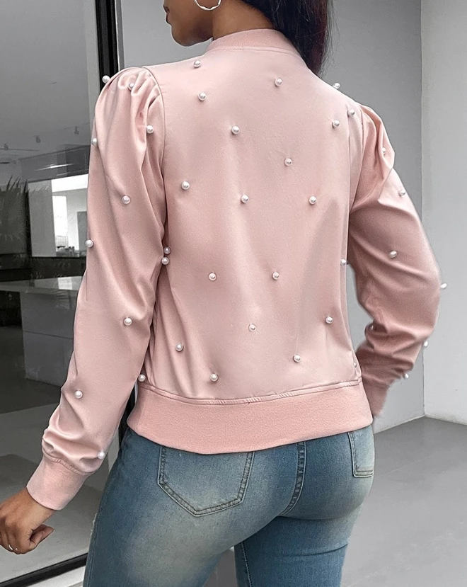 Fashion Women's Beaded Baseball Collar Zipper Design Coat Casual Long Sleeve Jacket for Women Overall 2024