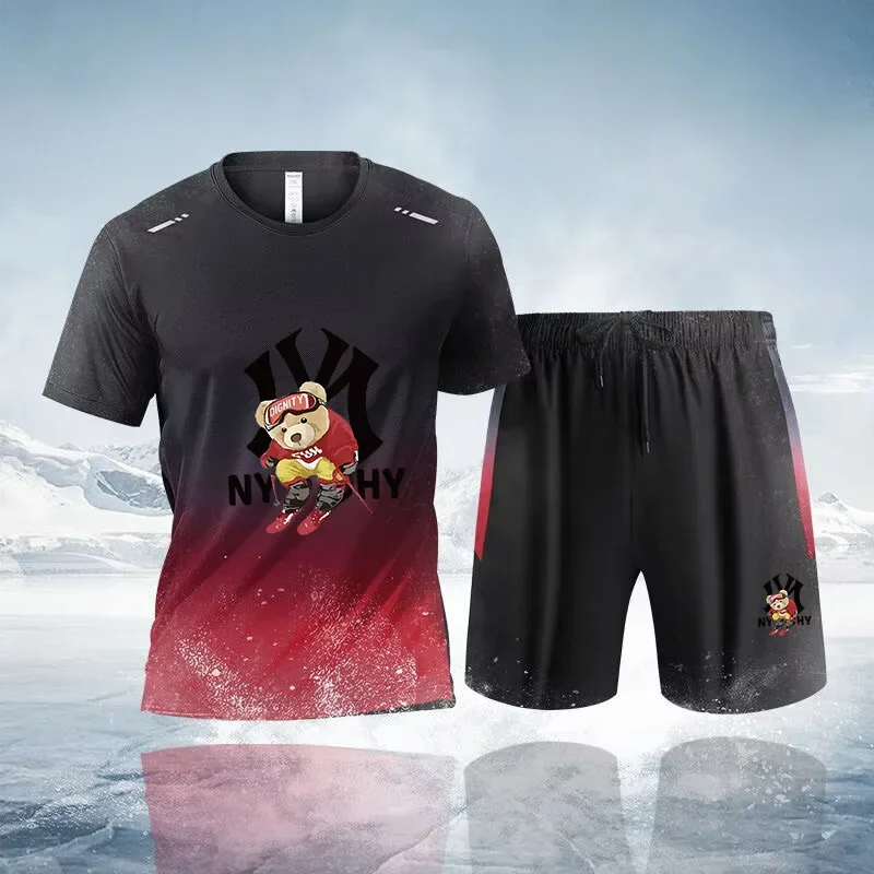 thumbnail image 1 of Conjunto de dos piezas con estampado de osito de peluche con degradado unisex de verano 2024 y patrón de dibujos animados, ropa deportiva informal, 1 of 5