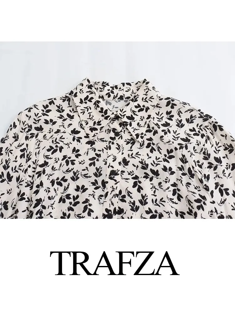 TRAFZA 여성용 캐주얼 프린트 원피스 싱글 브레스트 벨트 원피스 느슨한 미니 드레스, 우아한 여성용 빈티지 원피스, 2024 용수철 여름