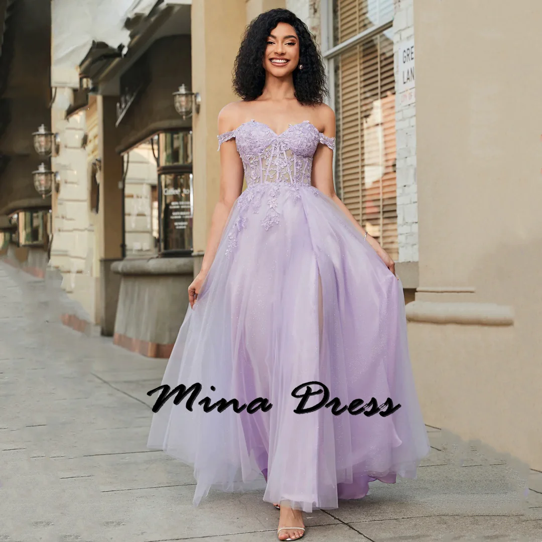 

Mina-2024-Evening dress embroidered with purple lace, thin gauze for ball dresses, without shoulders, for formal occasions, swee