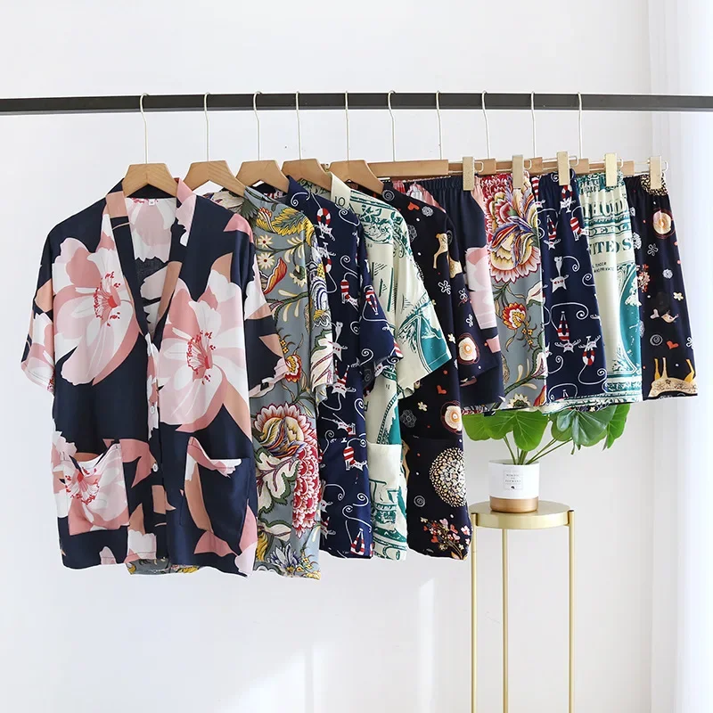 

Шелковая хлопковая Шелковая пижама с V-образным вырезом, Женская Летняя шелковая тонкая хлопковая Шелковая пижама с короткими рукавами, домашний костюм из вискозы с цветочным рисунком