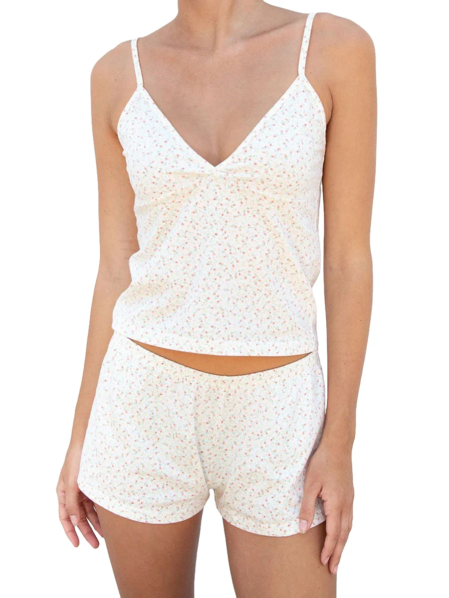 

Women Casual Pajamas Shorts Set Sleeveless Flower Print V Neck Cami Tops and Shorts 2 Piece Outfits Sleepwear Homewear
