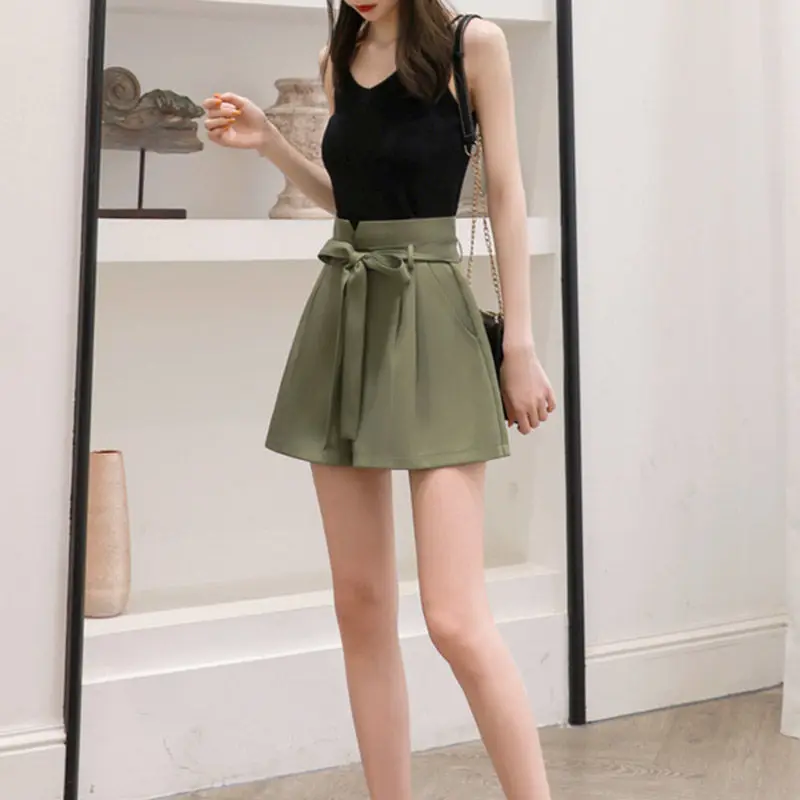 Summer Korean Thin A-line Wide Leg Shorts Solid Women Elastic High Waist Bandage Pocket Folds Breathable Loose Short Pants 2024