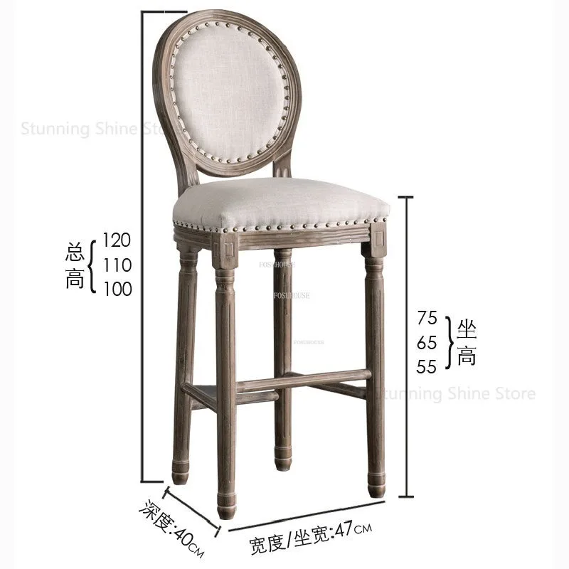 European Antique Bar Stools Home Bar Furniture Solid Wood Chairs American Retro Backrest High Chair Villa Chair for Kitchen