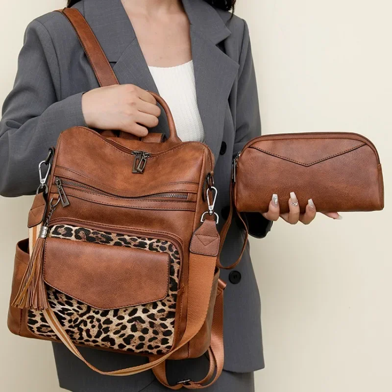 Leather Travel Fashion Purse Designer Ladies Shoulder Bags Backpack for Women Large Womens Backpack with Tassel Two-toned Brown 2