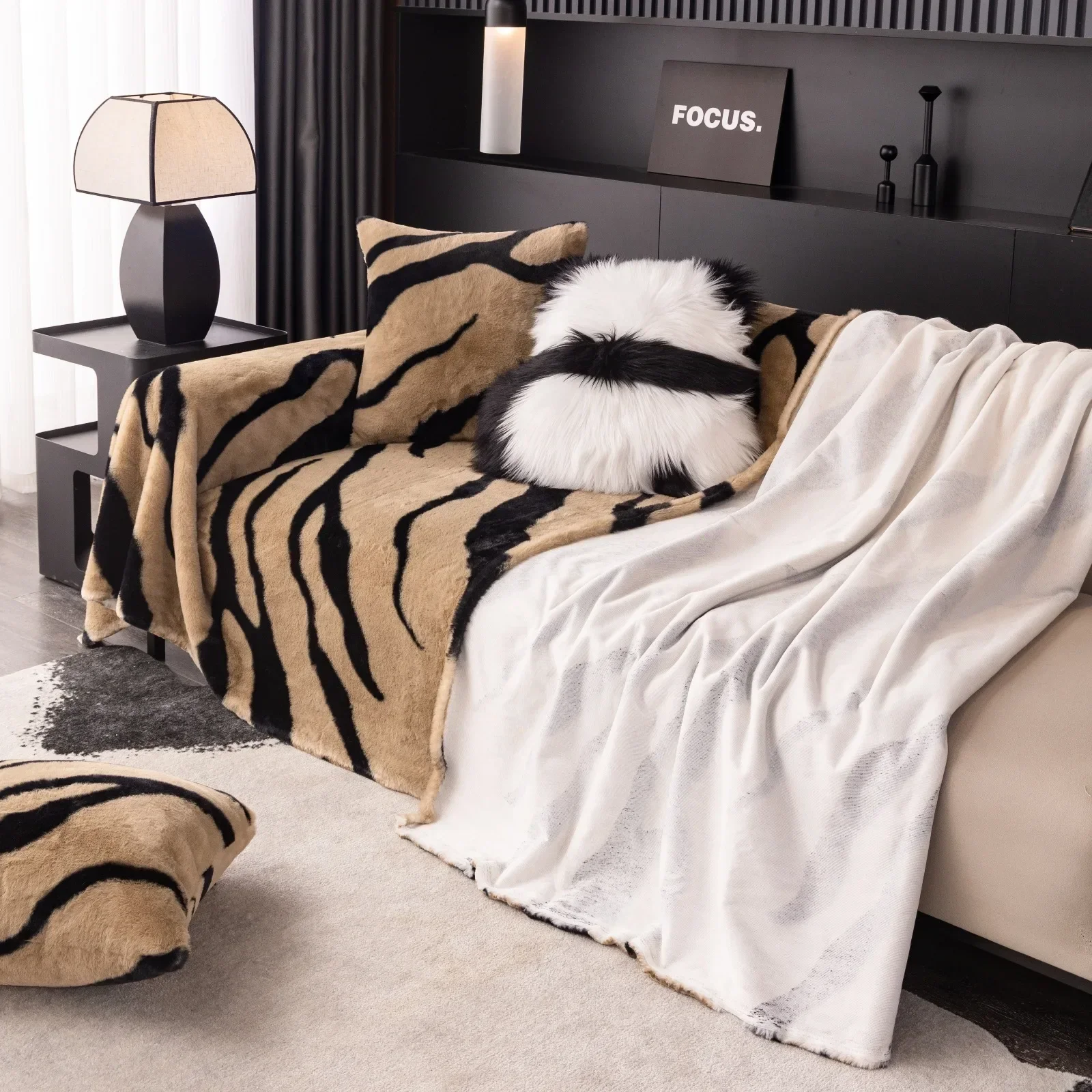 Zebra Print Sofa Knitted Cover Blanket Half Side Velvet Nap Plush Blanket Bed Decoration Bed End Towel Soft Plush Blanket 5