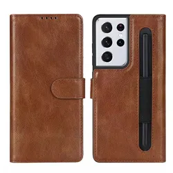 Premium Flip Leather Wallet Phone Case with S Pen Slot and Card Holder - Book Style Cover for S21 Ultra (Brown)