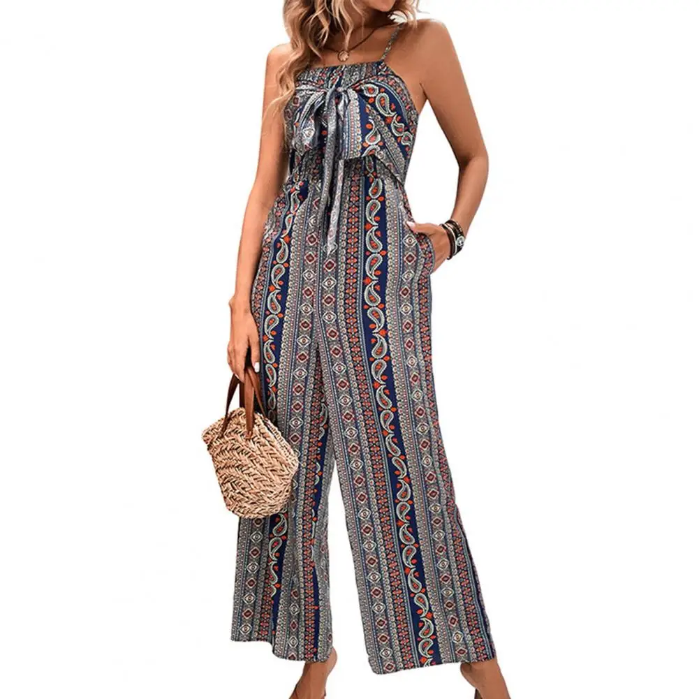 

Long Loose Trousers Jumpsuit Women Jumpsuit Ethnic Style Printed Jumpsuit with Adjustable Spaghetti Straps Lace-up for Women
