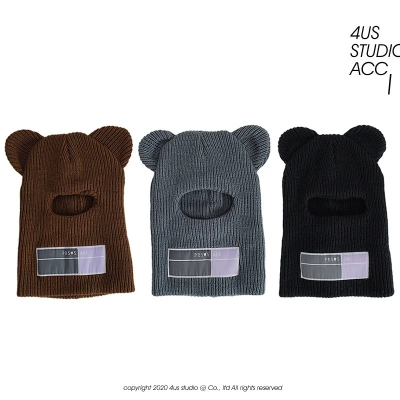 1 Hole Ski Mask Beanies for Women Winter Knitted Balaclava with Bear