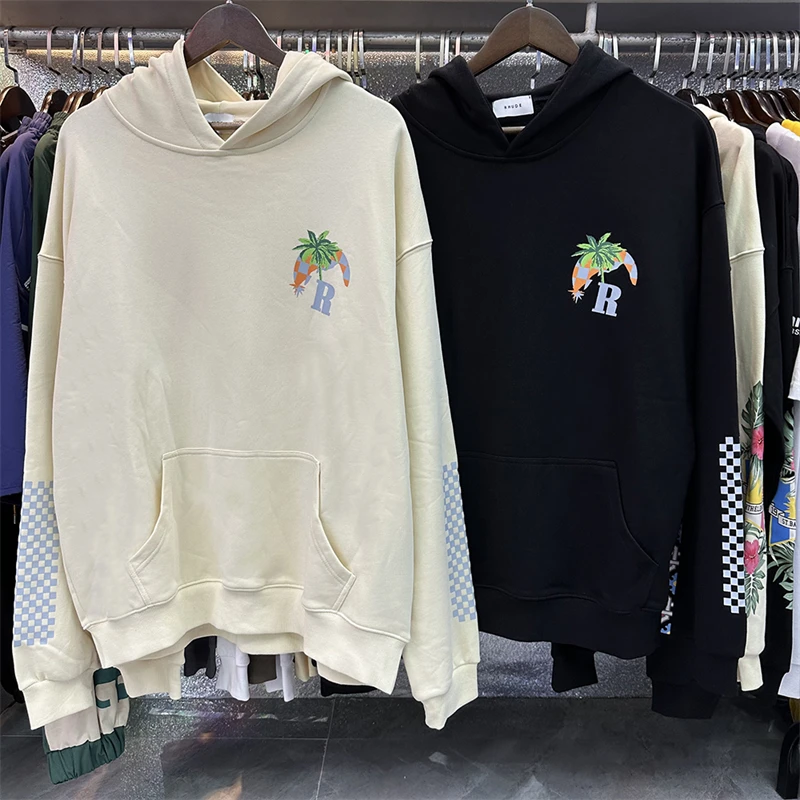 

23SS New Rhude Coconut Tree Racing Print Terry Moonlight Hoodie Men Women Oversize Sweatshirts Jaqueta