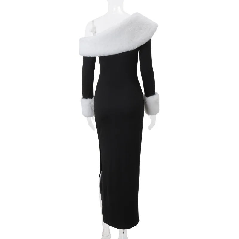 Vestido de manga larga con abertura y empalme de felpa para mujer, sexy, con cuello oblicuo, elegante, para fiesta de invierno.