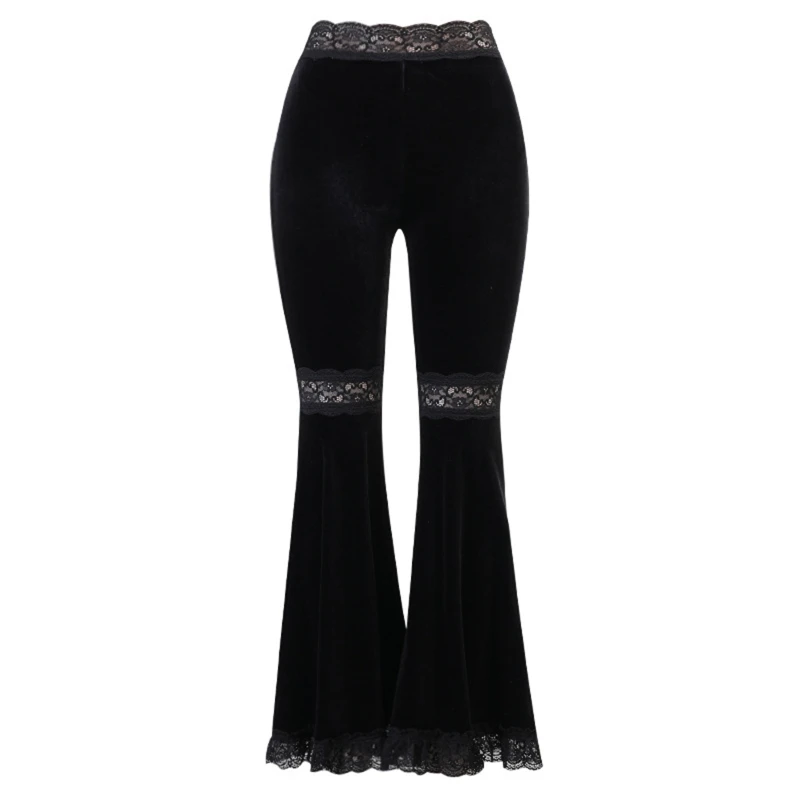 Women Gothic Punk Black Flare Pants Harajuku Sexy Hollow Out Lace Patchwork High Waist Skinny Vintage Gypsy Dropship