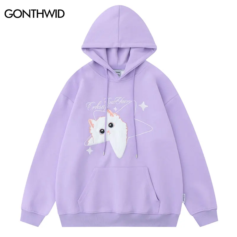 

Harajuku Hoodie Streetwear Hip Hop Embroidery Cartoon Cat Star Sweatshirt Y2K Men Fashion 2023 Casual Loose Hooded Pullovers
