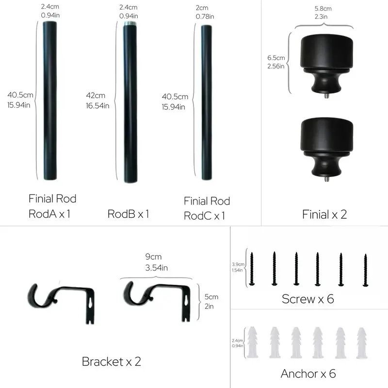 Heavy-Duty Adjustable Black Curtain Rod Set-1 Inch Thick, Single Telescoping Drapery Rod for Bathroom & Living Room Decor