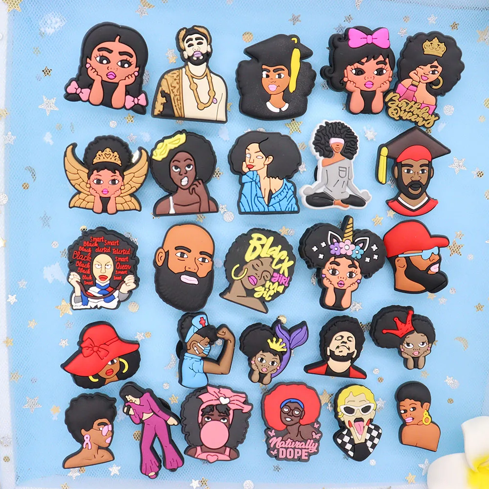 

Mix 50PCS PVC Croc Charms Black Girl Magic Queen Smart Naturally Woman Man Decorations for Bands Hole Slipper Accessories