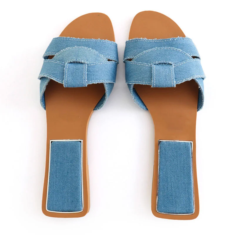 Traf 2023 New Blue Denim Flats Sandals For Women Casual Squared Toe