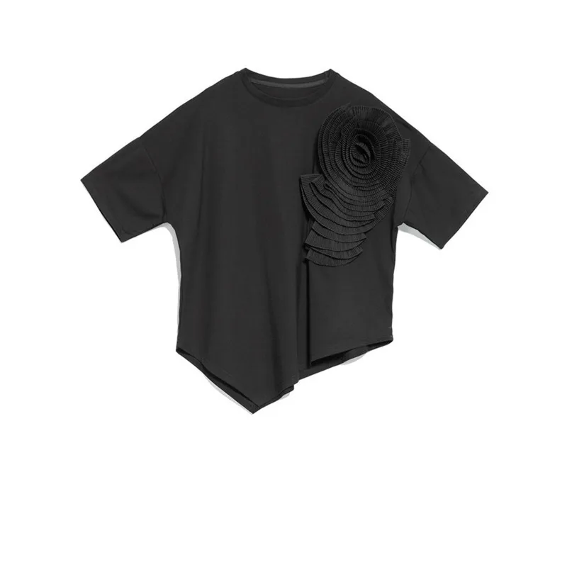 [Vibe] Women White Three-dimensional Flower Big Size T-shirt New Round Neck Half Sleeve Fashion Tide Spring Summer 2025