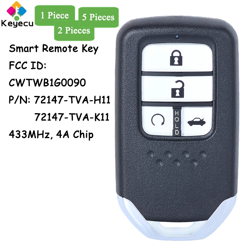 

KEYECU Smart Remote Key With 4 Buttons 433MHz 4A Chip for Honda Accord 2018 2019 2020 Fob FCC ID: CWTWB1G0090 72147-TVA-H11/ K11