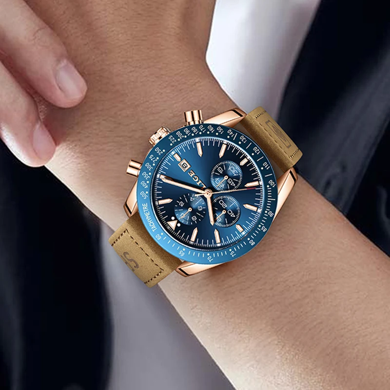 LIGE Casual Sports Men Watch Luxury Waterproof Men Quartz Watches Top Brand Leather Military Chronograph Relogios Masculino+BOX