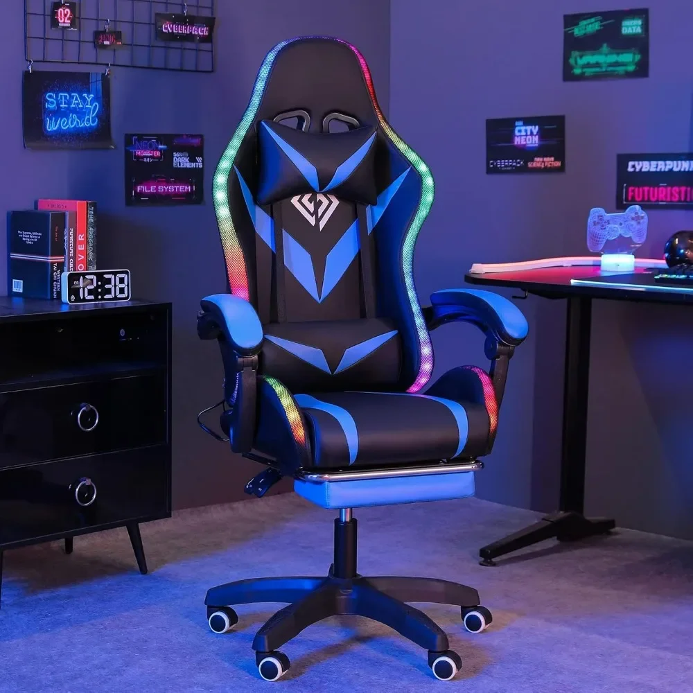 Gaming Chair with Massage and LED Lights Ergonomic Video Game Chairs with Footrest High Back Reclining Computer Chair 1