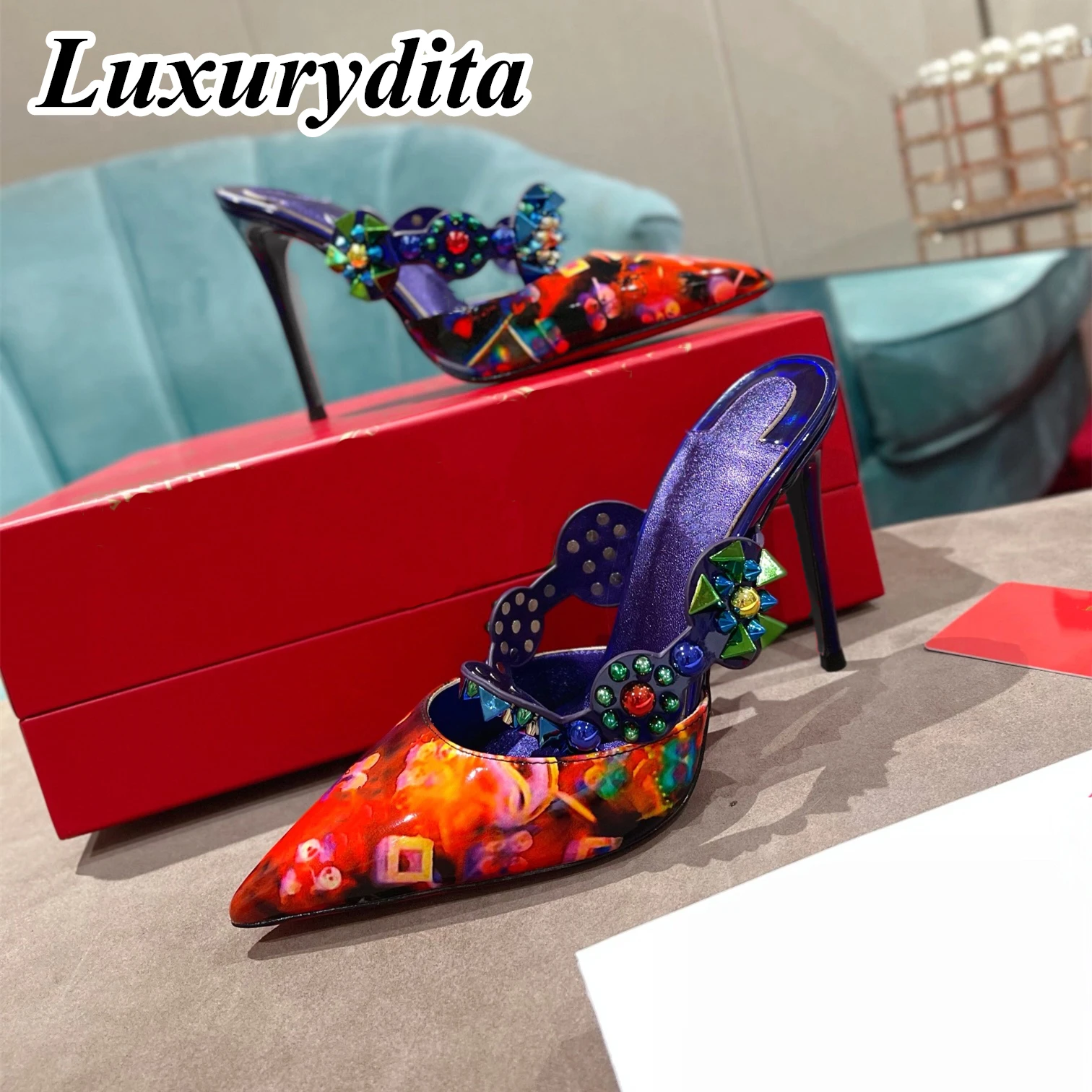 

Top Quality Women Sandal Luxury High Heels Designer Can Customize Red Heel Miss Goldora Socialite Dinner Mules Shoes H064