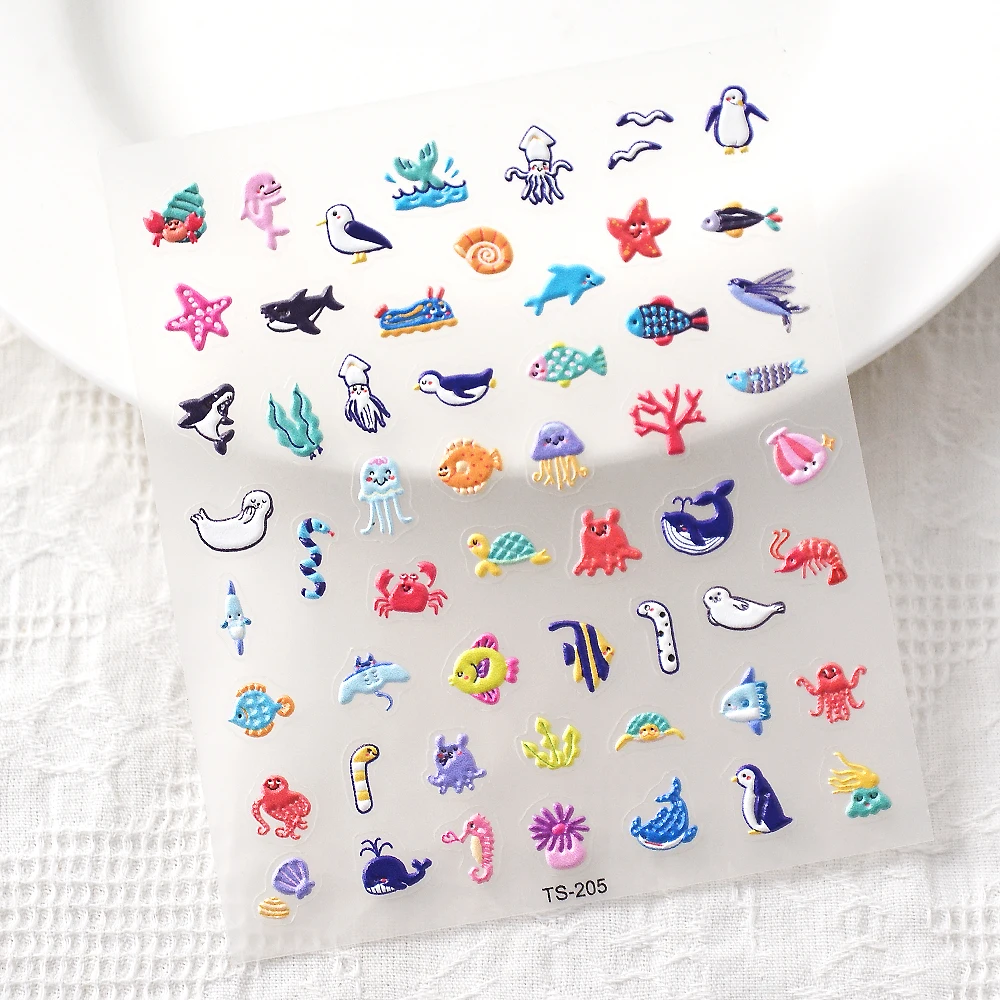 Sea Animals 5D Nail Stickers Ongle Nail Supplies Fake Nail Tapes Embosses Decals 2