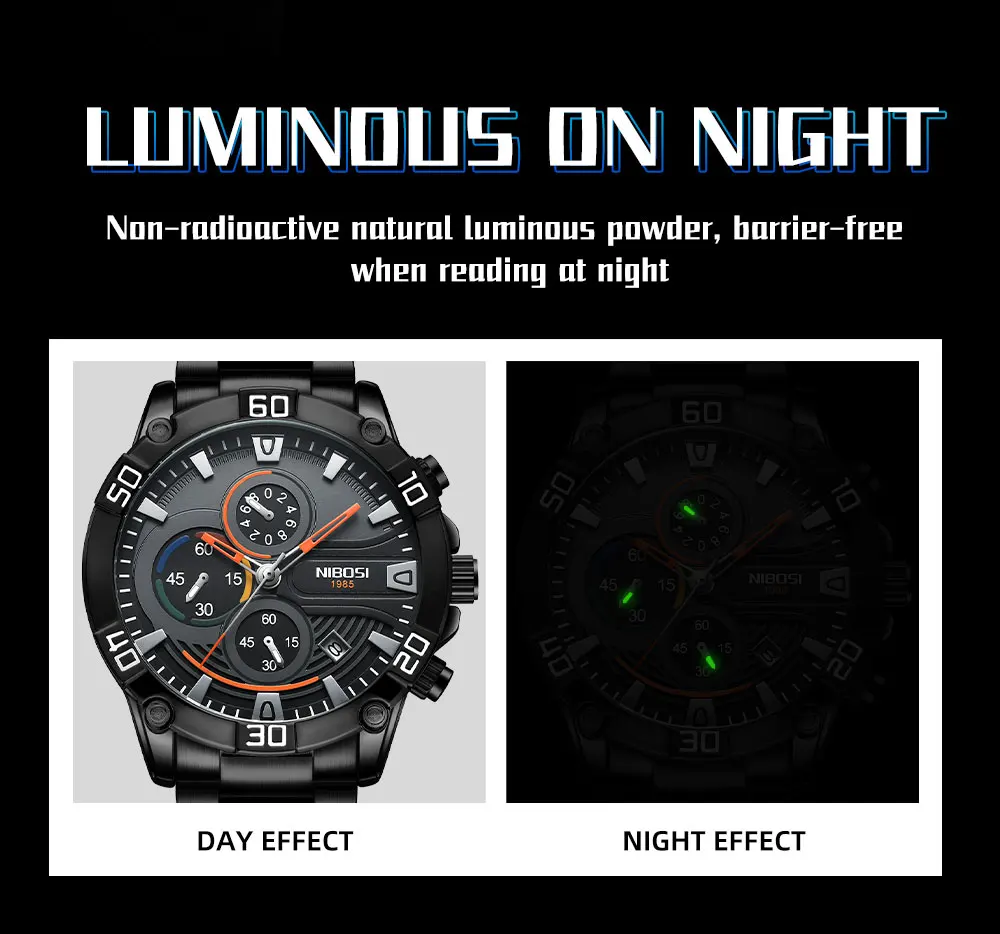 NIBOSI Men Watch Relogio Masculino Top Brand Luxury Sports Quartz Wristwatch Men Full Steel Waterproof Chronograph Mens Watches