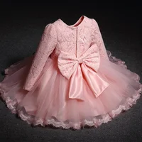 Long Sleeve Dress for Baby Girl Wedding New Year Party Lace Bow Kids Xmas Dresses Infant 1st Pink Birthday Princess Baptism Gown 1