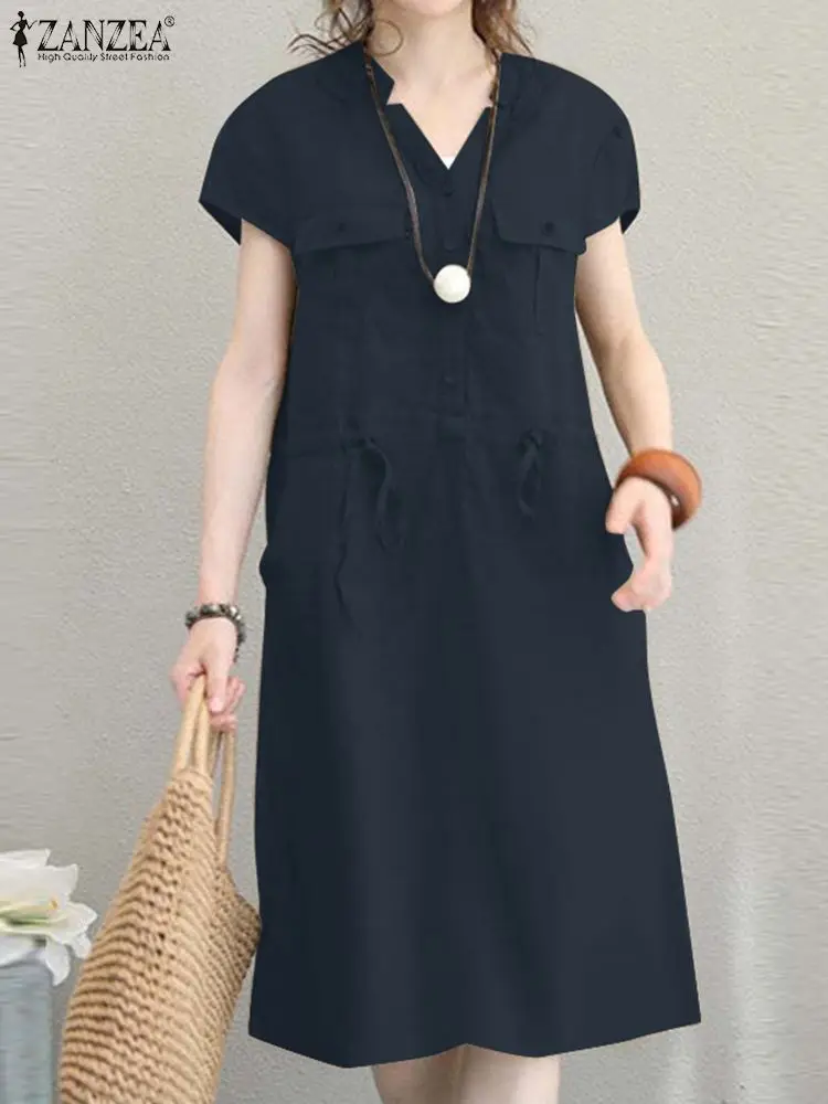 ZANZEA Summer Short Sleeve Solid Knee-length Dress Fashion Women V