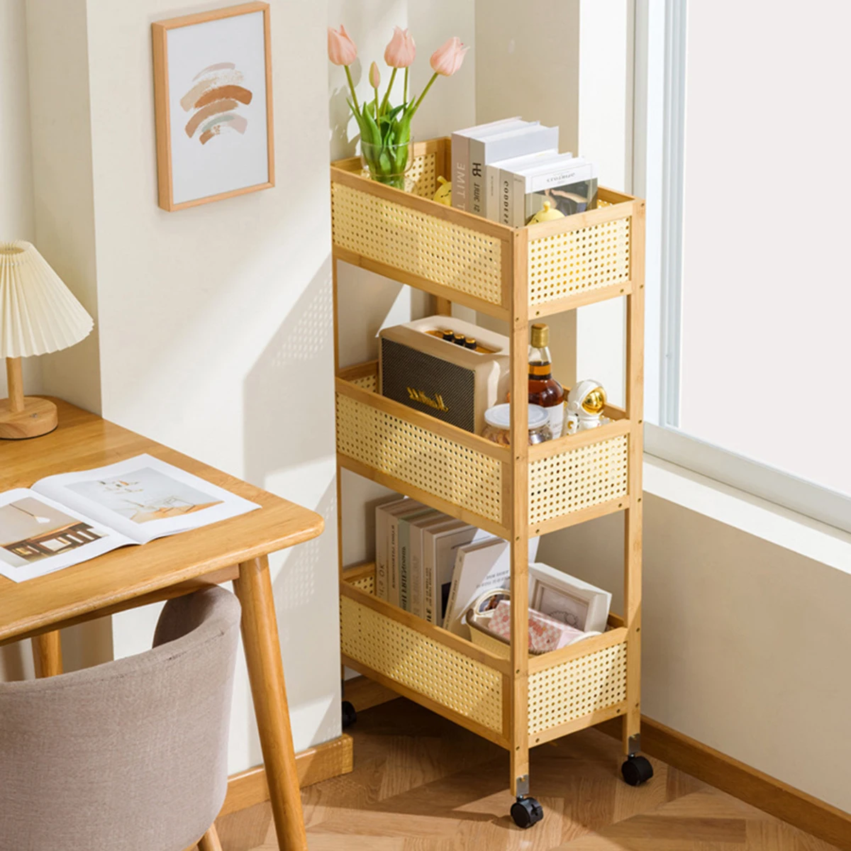 3-Layers Storage Rack Original Color Movable Small Cart Bookshelf with Wheels Storage Shelf Sundries Organizer For Living Room