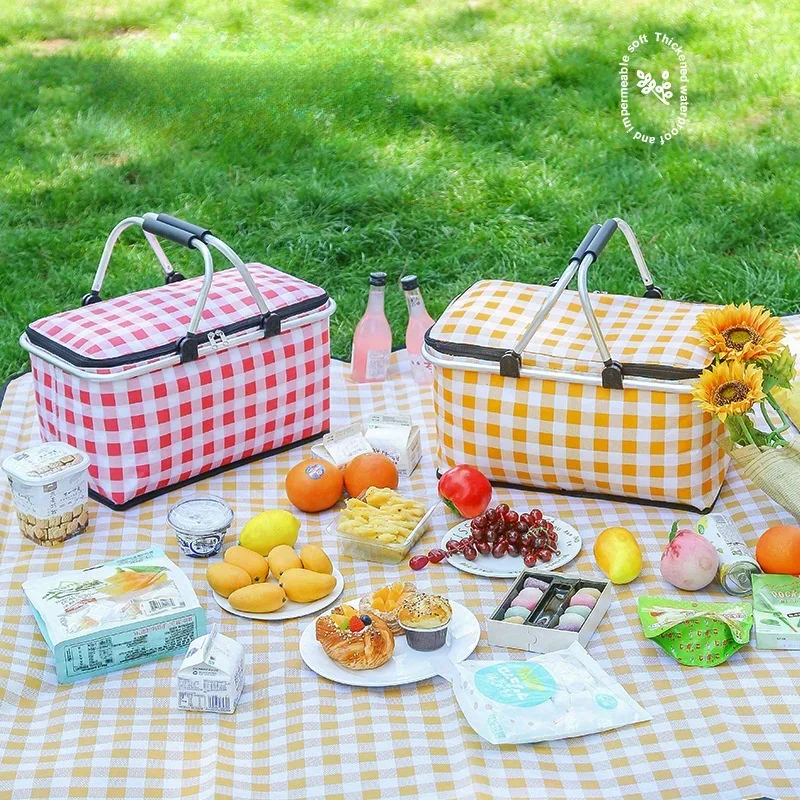 1pc Folding Picnic Basket Outdoor Camping Insulation Bag Handheld Aluminum Foil Bag Suitable for Barbecue Camping Travel