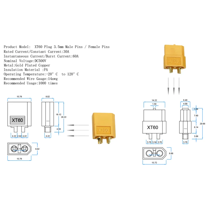 Paire de connecteurs XT60 mâle femelle avec câbles, pour RC drone