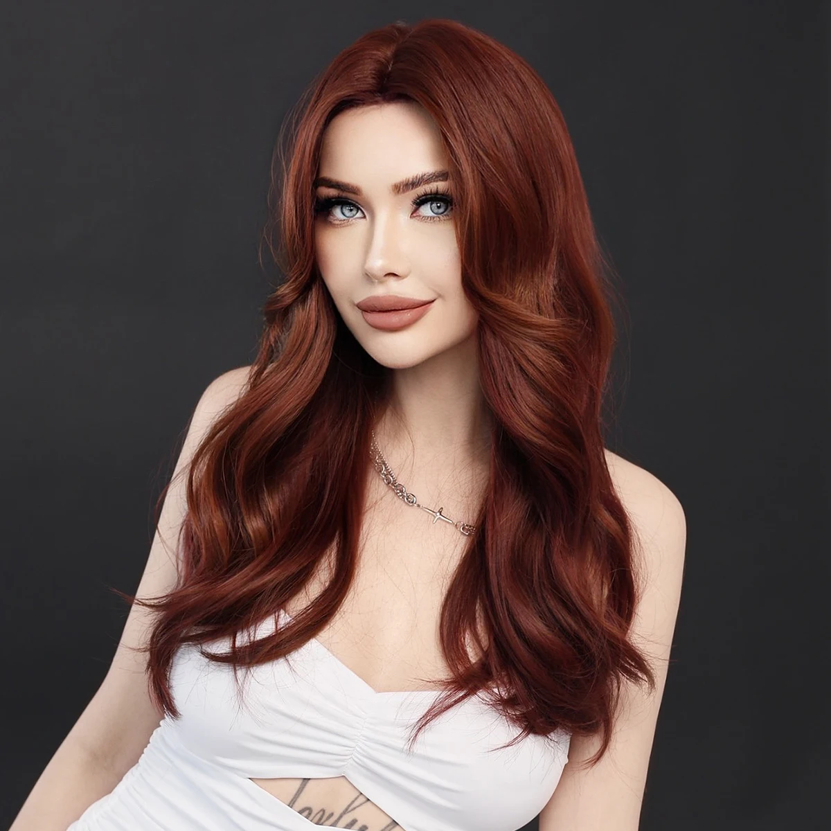 

7JHH WIGS Routine Wigs Long Deep Curly Reddish Brown Wigs for Women Middle Part High Density Fluffy Wig with Curtain Bangs