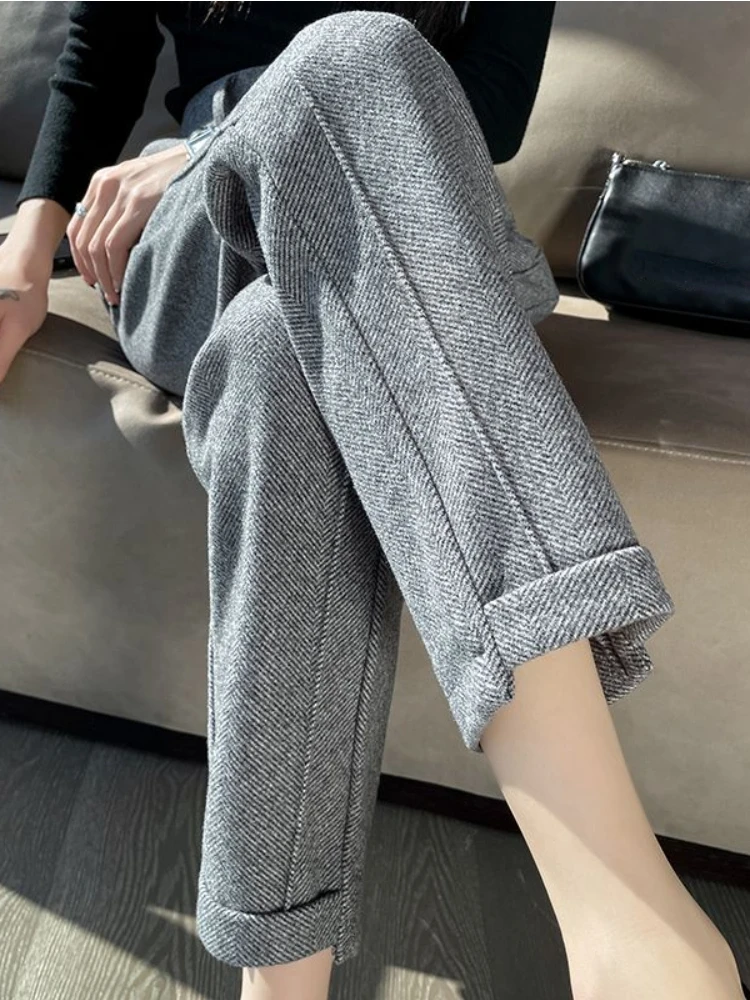 

Elegant Women Pants High Waist Casual Herringbone Warm Tweed Straight Pants 2024 Autumn Winte Loose Thickened Cropped Pants