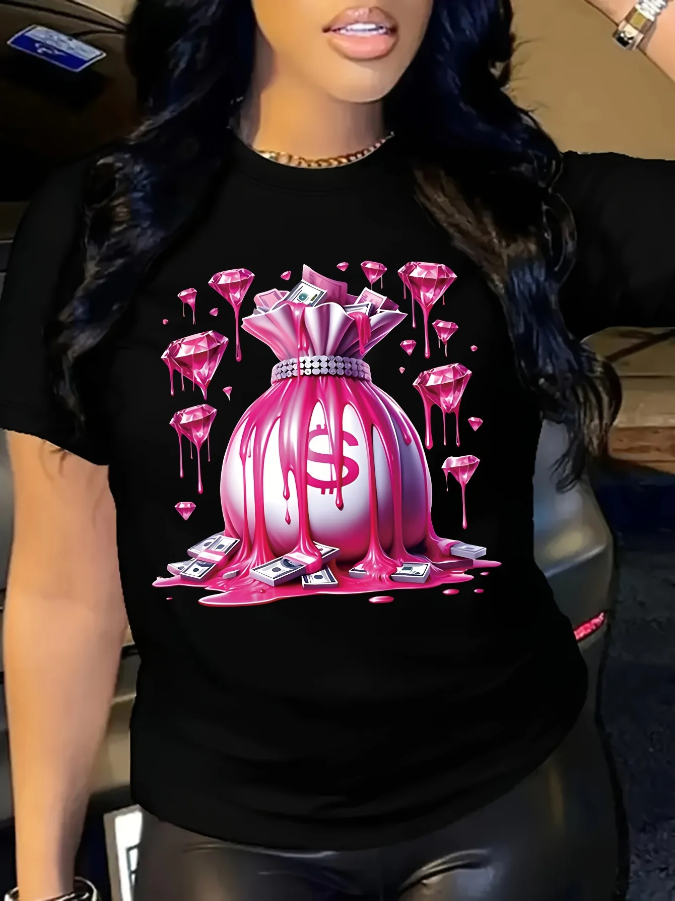 Money Bag Print Crew Neck T-Shirt, Casual Short Sleeve Top For Spring & Summer, Women's Clothing tshirt